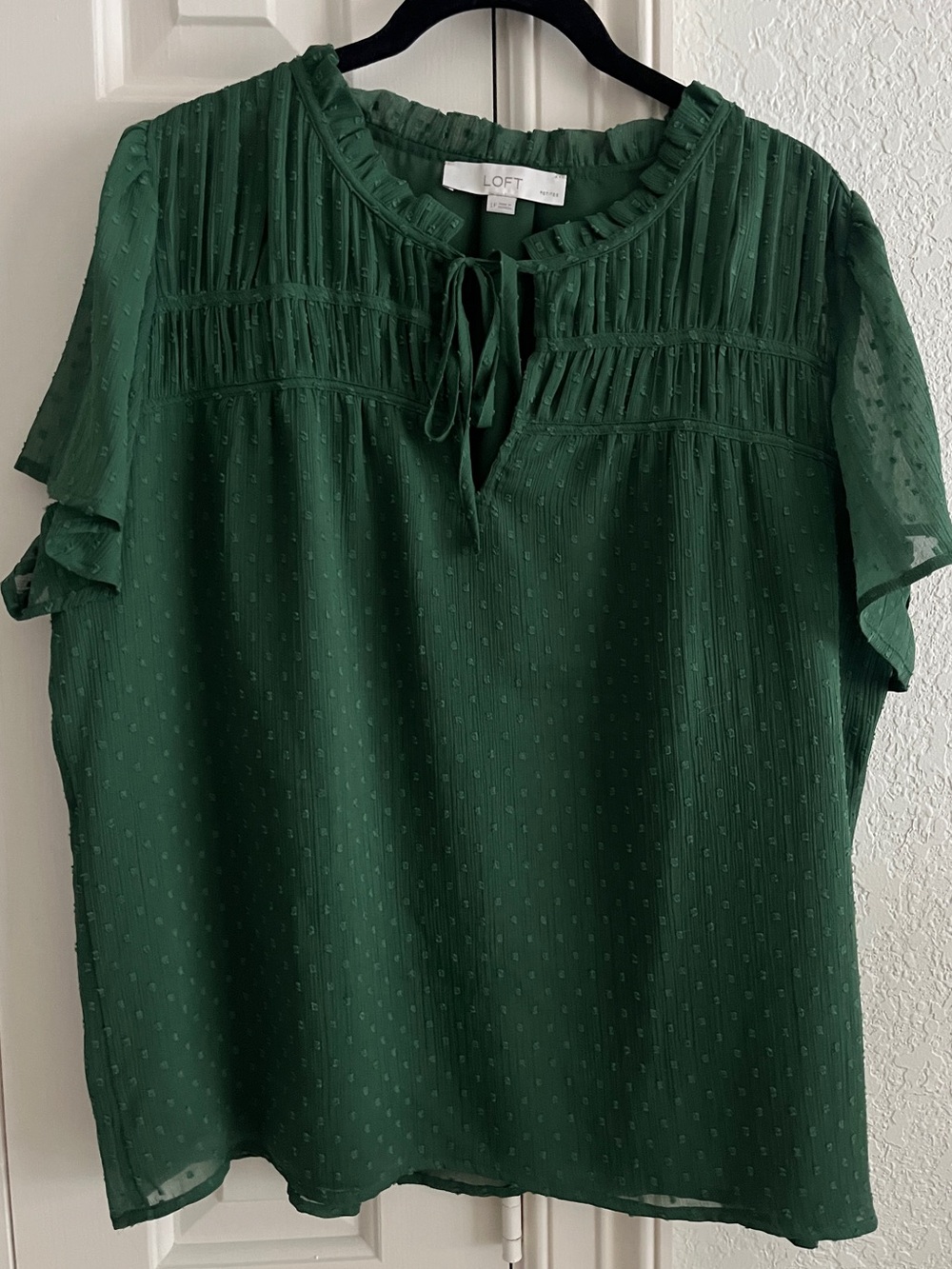 LOFT Dark Green Tie-Neck Swiss Dot Blouse L petite